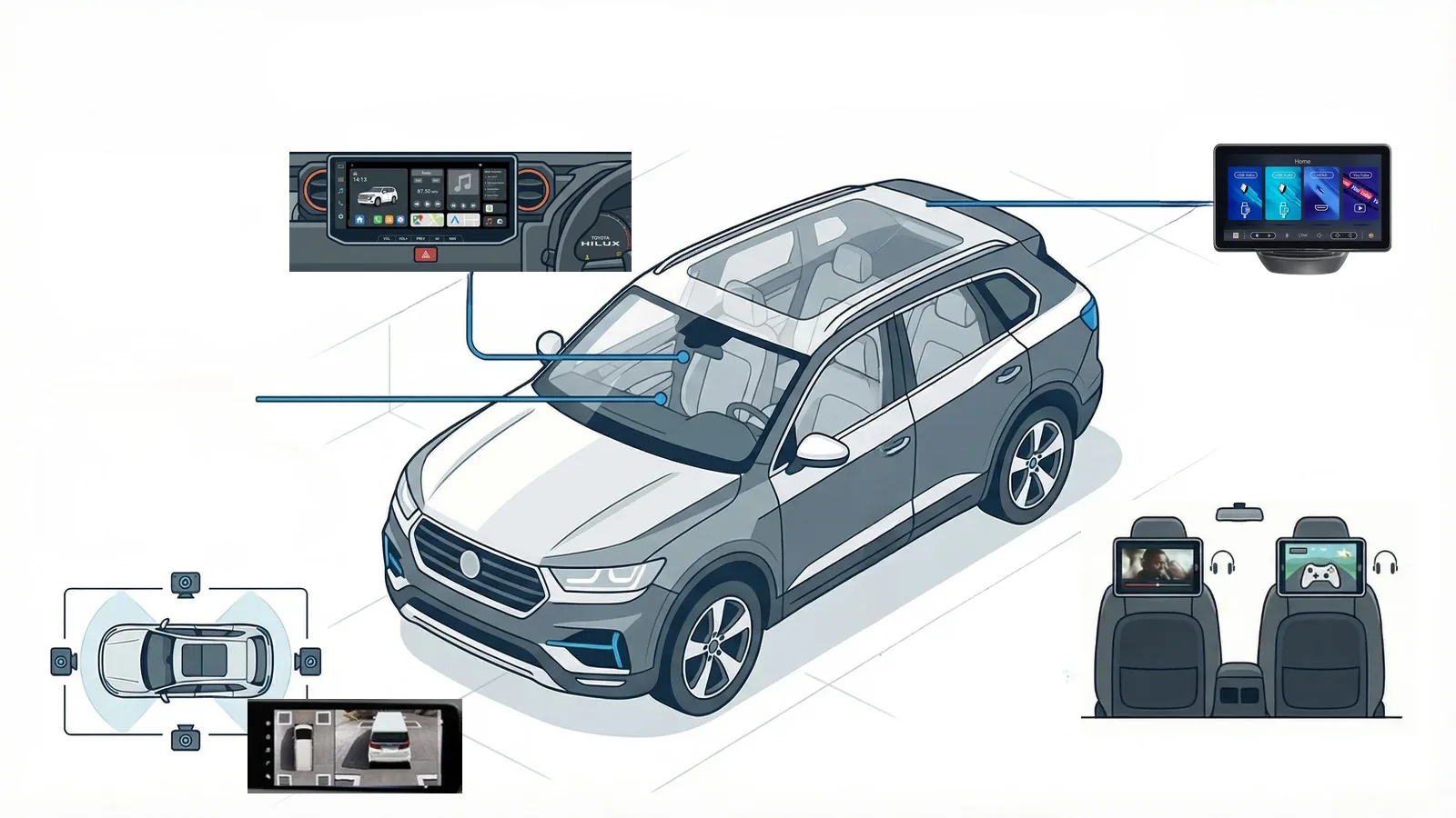 Vehicle diagram showing where the head unit, 360° cameras and rear seat screens are installed