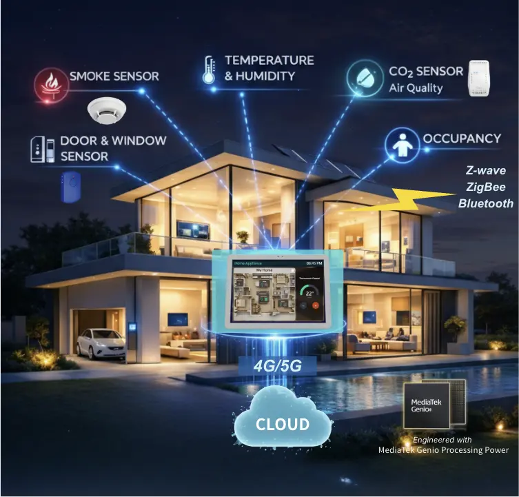 System diagram: smoke, temperature and humidity, CO₂, door and window, and occupancy sensors connect to SWAN-210 over Z-Wave, ZigBee and Bluetooth; SWAN-210 connects to the cloud over 4G/5G and runs on MediaTek Genio